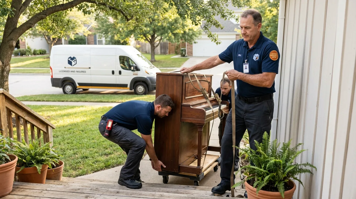 Licensed piano movers securing grand piano in Kearney, MO