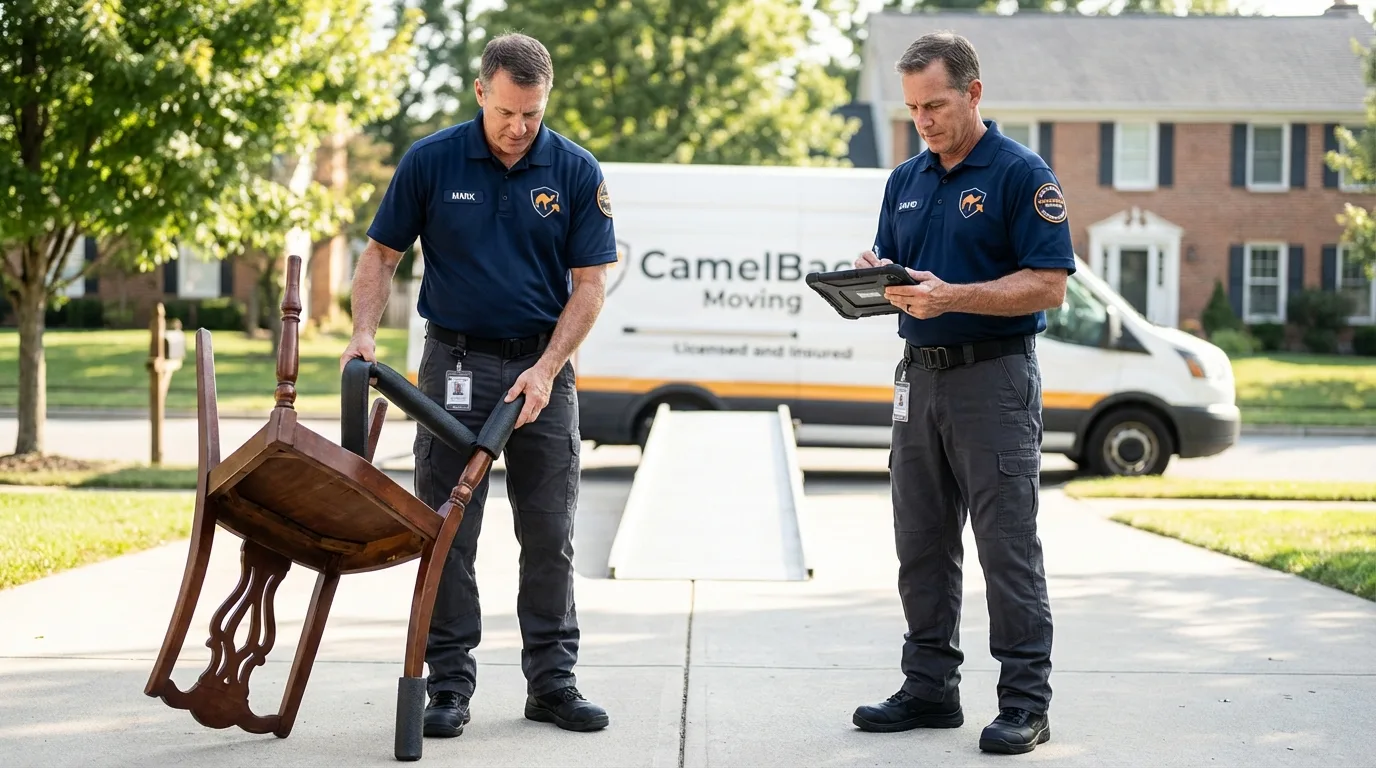 Movers inspecting furniture for damage prevention before loading in Kearney, MO