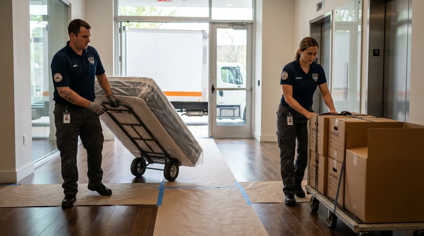 Professional apartment movers loading elevator in Kearney, MO