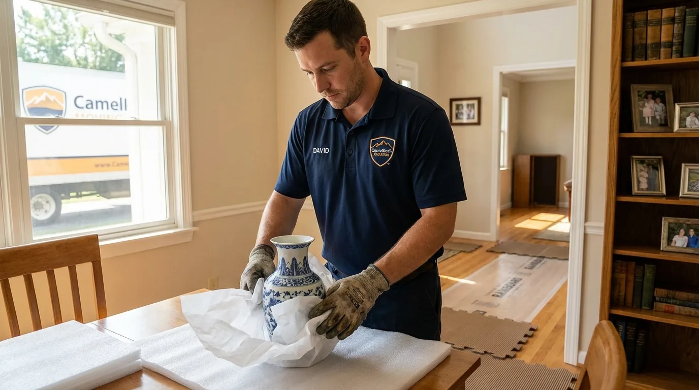 Professional crew carefully wrapping antique vase for senior downsizing move in Kearney, MO